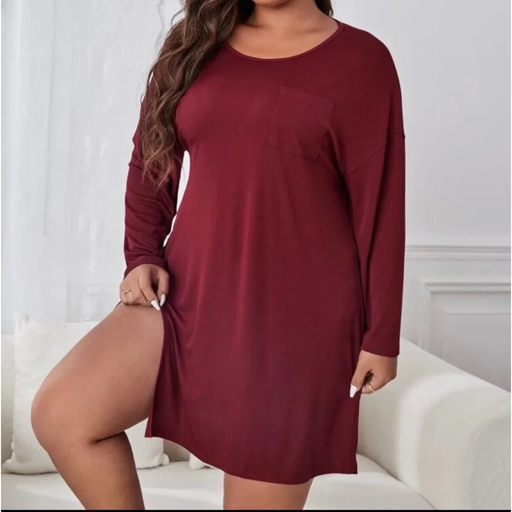 Plus Patched Pocket Drop Shoulder Slit Thigh Nightdress - Picture 4 of 6